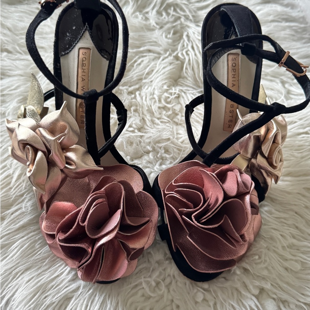 Sophia Webster Black Heels with Pink and Gold Floral Accents - Picture 2 of 5